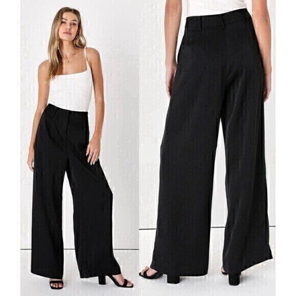 Lulus Pants Women XS Black Chic Pleated High-Waisted Wide-Leg Flare Trousers New - Picture 1 of 14